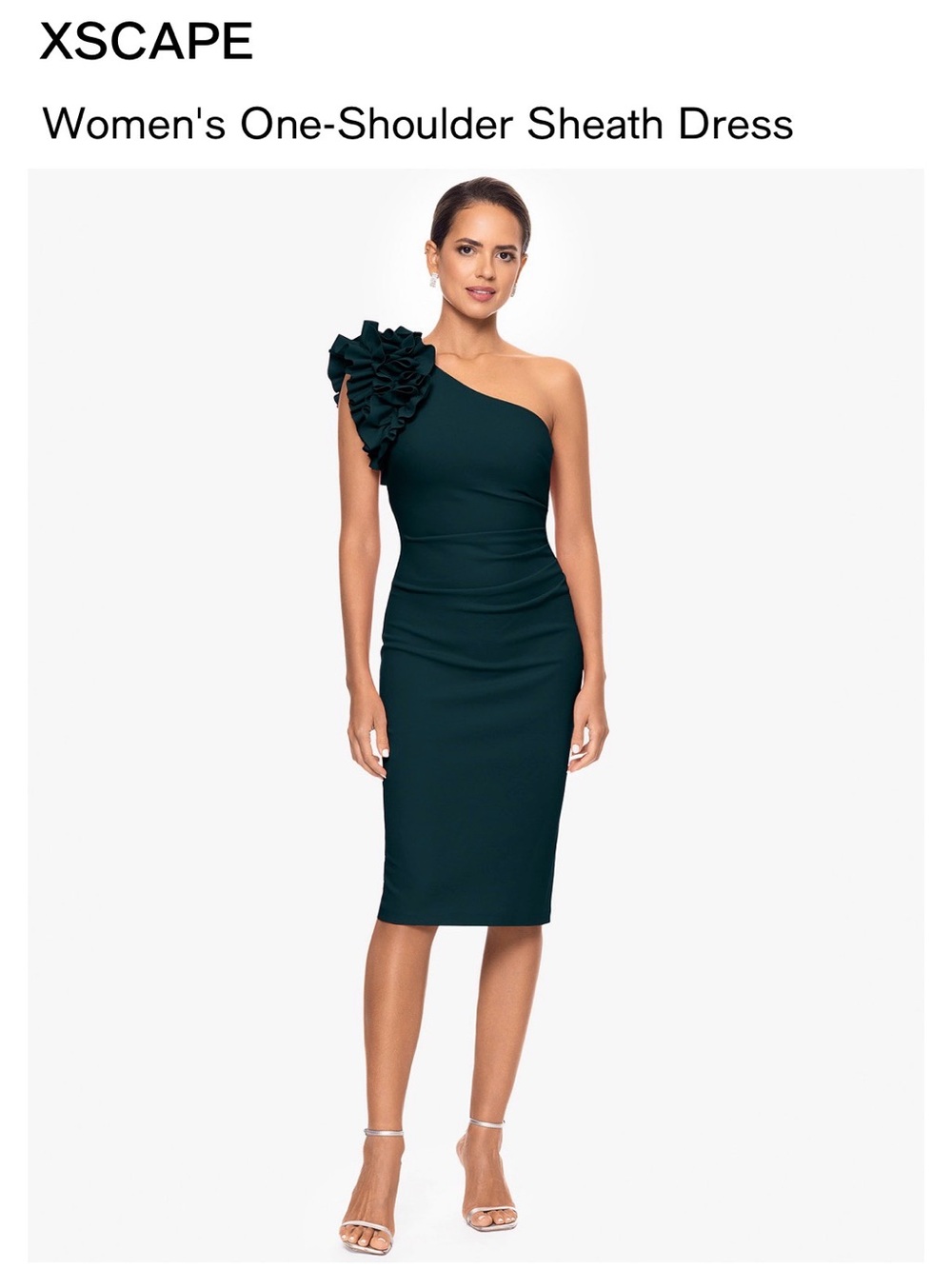 Xscape One-Shoulder Ruffle Sheath Dress in Dark Teal